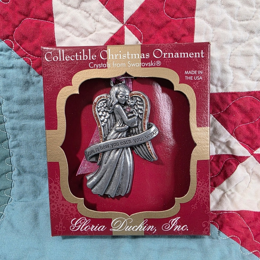 Gloria Duchin Angel Christmas Ornament Silver Tone Swarovski Crystals Cat Wings